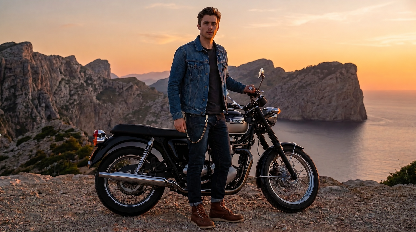 A rider and classic motorcycle at golden hour