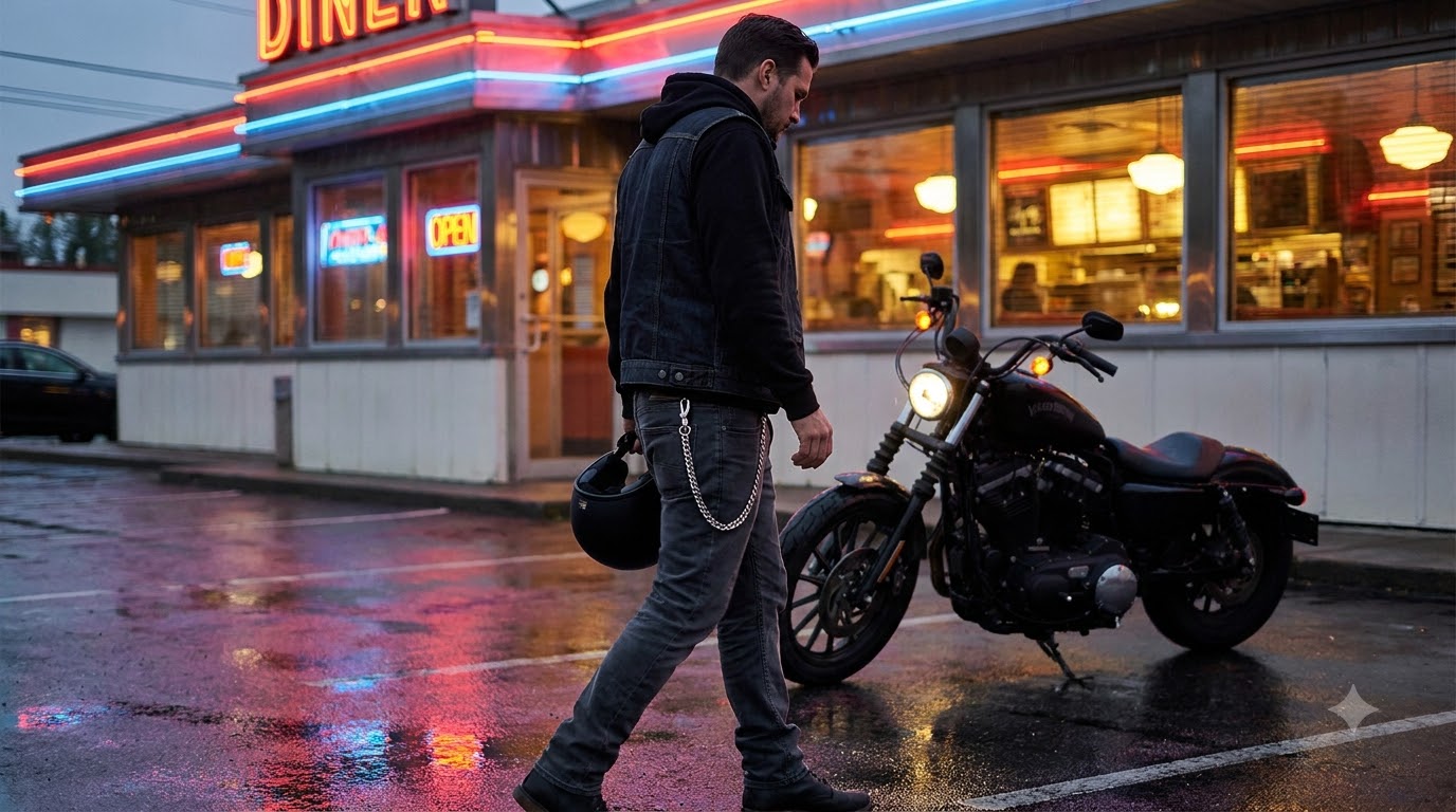A rider walking toward his motorcycle outside a neon-lit diner