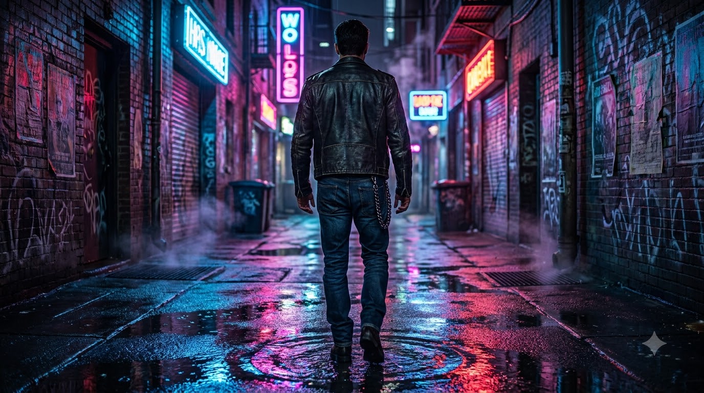 A man walking through a neon-lit alley