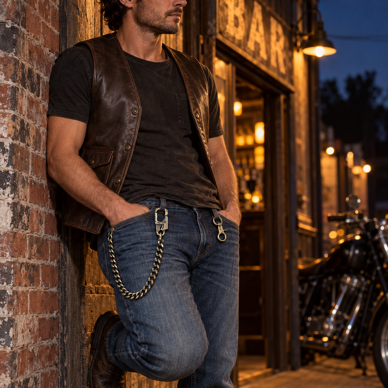 A man wearing a wallet chain outside a brick-walled bar