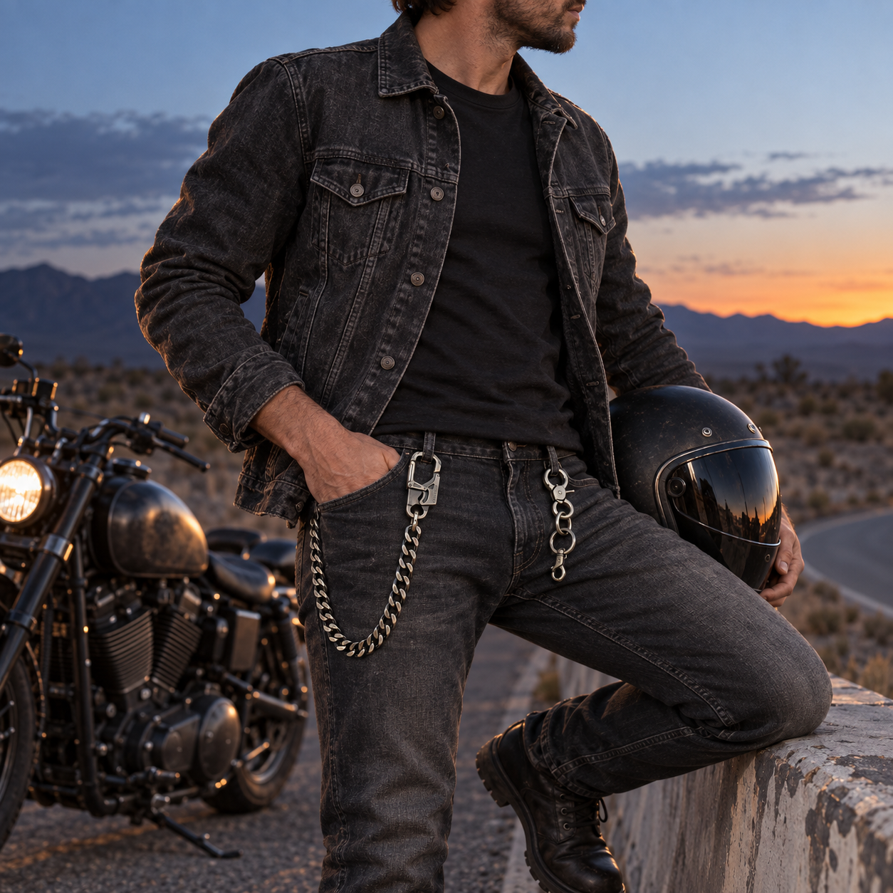 A rider with his motorcycle on a mountain road at sunset