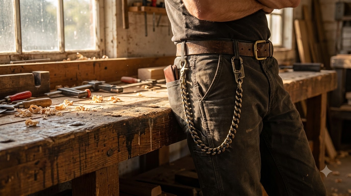 Workwear and wallet chain beside a wooden workbench