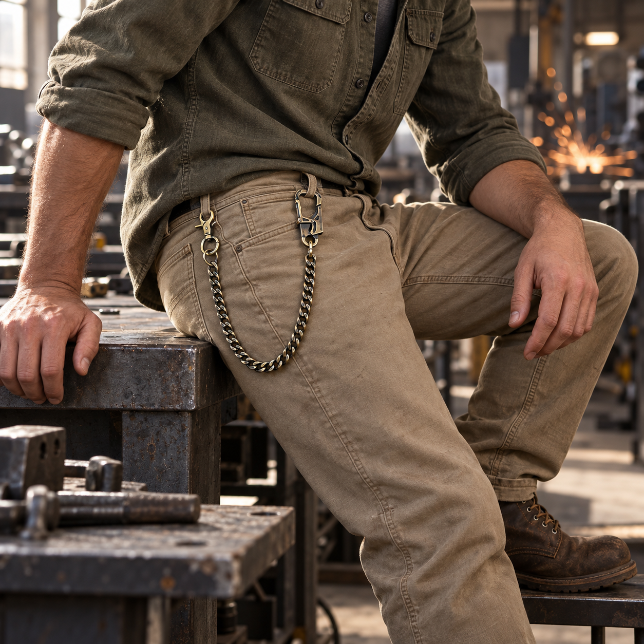 Wallet chain clipped to workwear pants